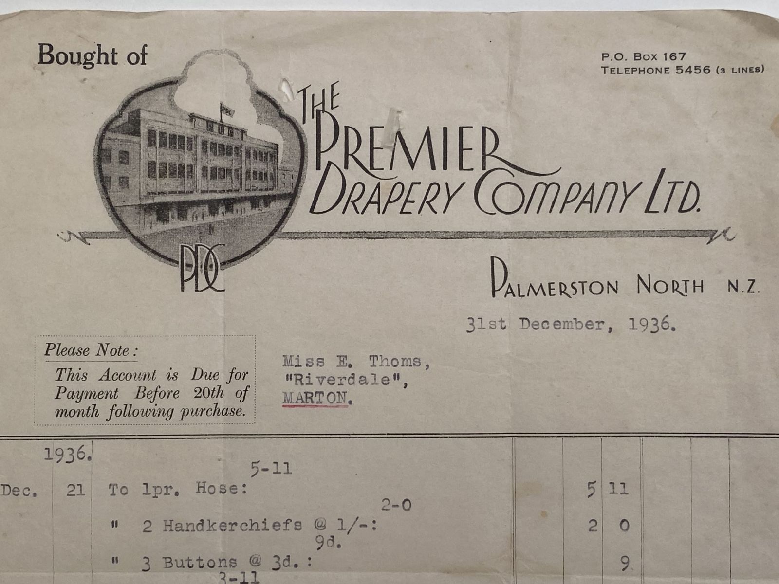 OLD INVOICE: The Premier Drapery Company Ltd. P North 1936