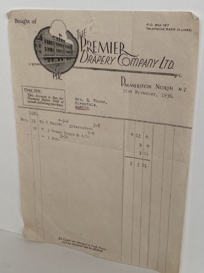 OLD INVOICE: The Premier Drapery Company Ltd. P North 1936