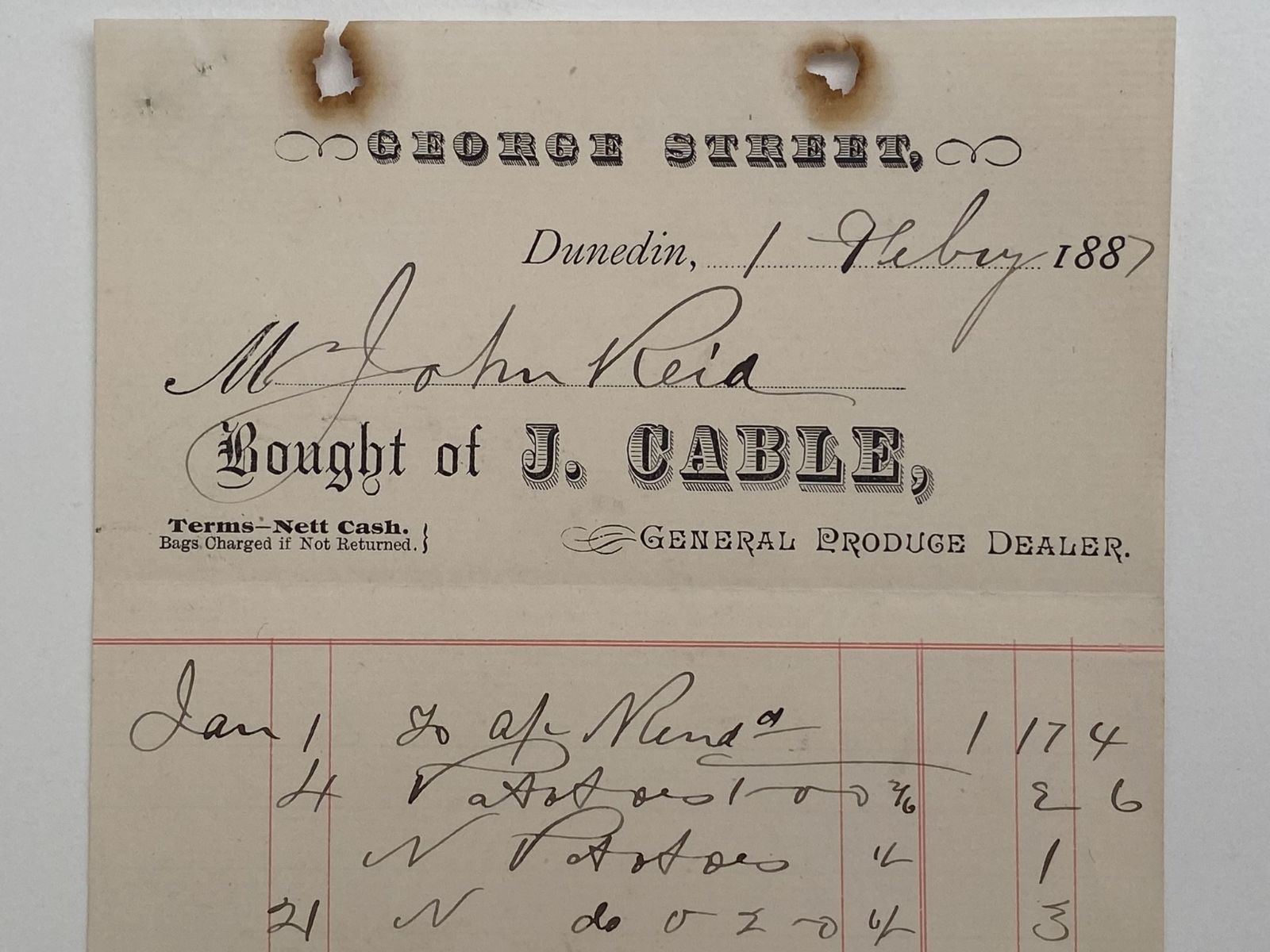OLD INVOICE: J. Cable - General Produce Dealer. Dunedin 1887 (135 yo)