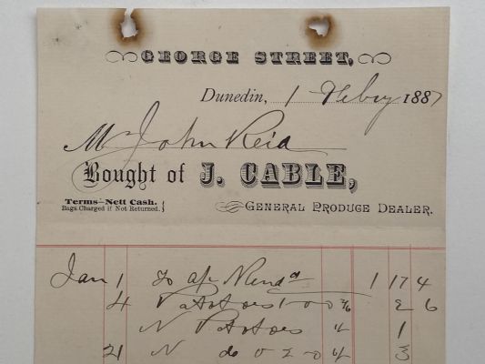 OLD INVOICE: J. Cable - General Produce Dealer. Dunedin 1887 (135 yo) 