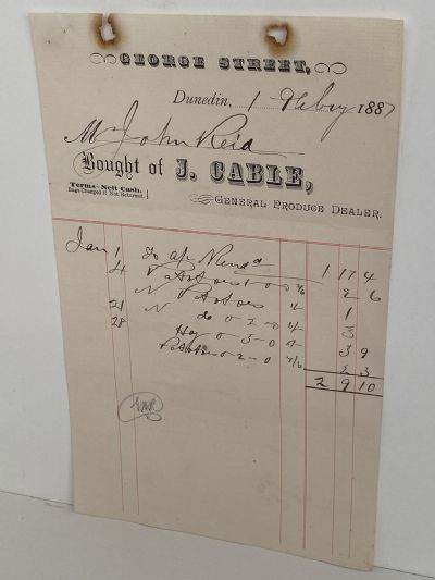 OLD INVOICE: J. Cable - General Produce Dealer. Dunedin 1887 (135 yo)