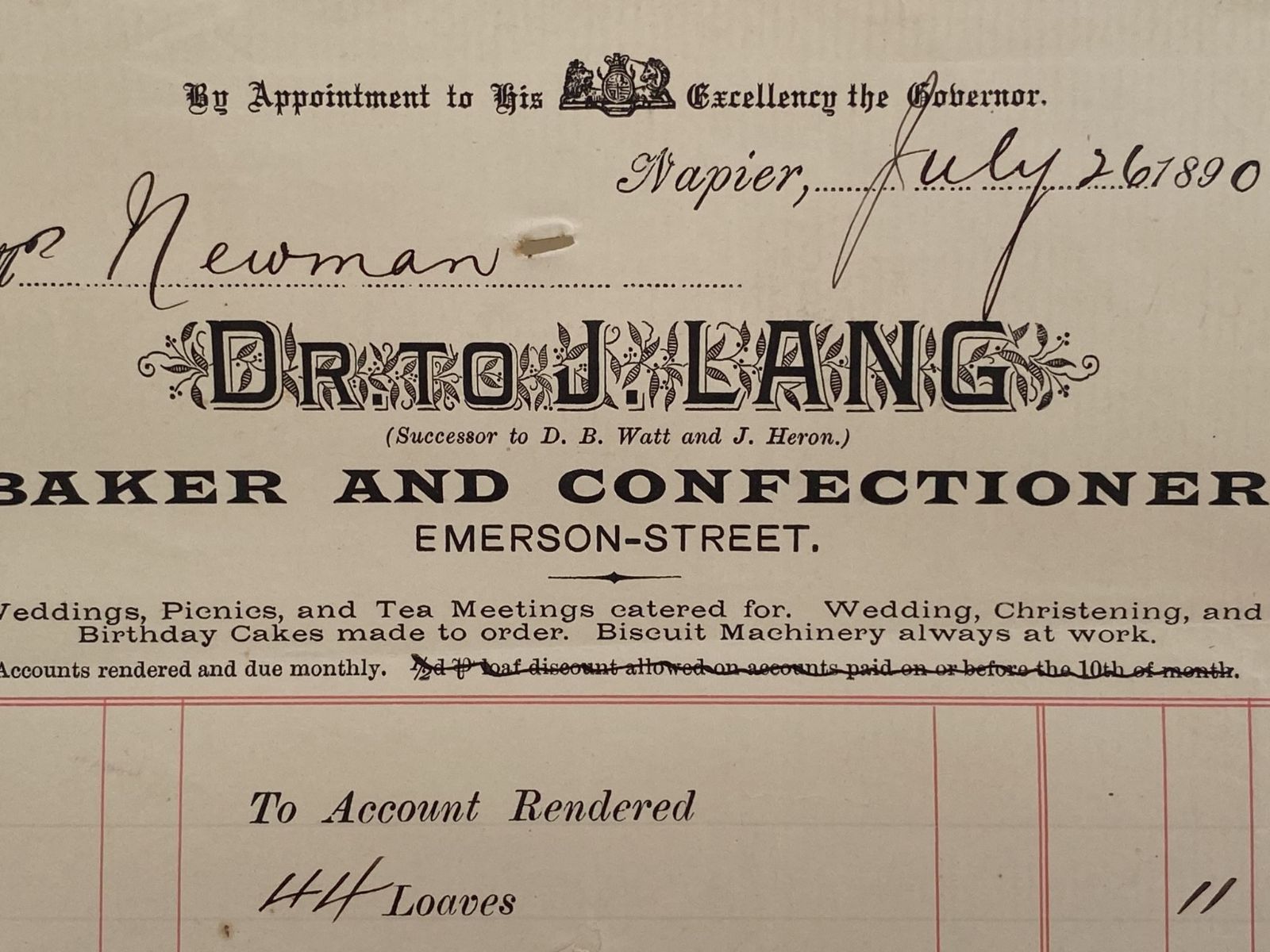 OLD INVOICE: J. Lang - Baker & Confectioner, Napier 1890 (132 yo)