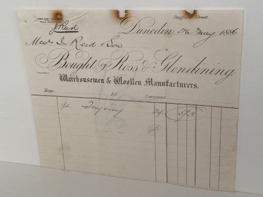 OLD INVOICE: Ross Glendining Ltd - Warehousmen & Woolens. Dunedin 1886 (136 yo)