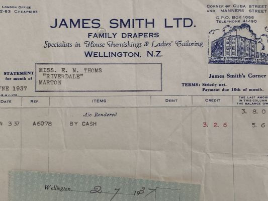 OLD INVOICE/RECEIPT: James Smith - Family Drapers, Wellington 1937 