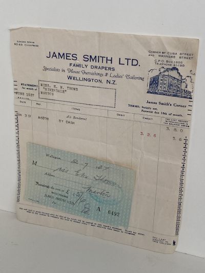 OLD INVOICE/RECEIPT: James Smith - Family Drapers, Wellington 1937