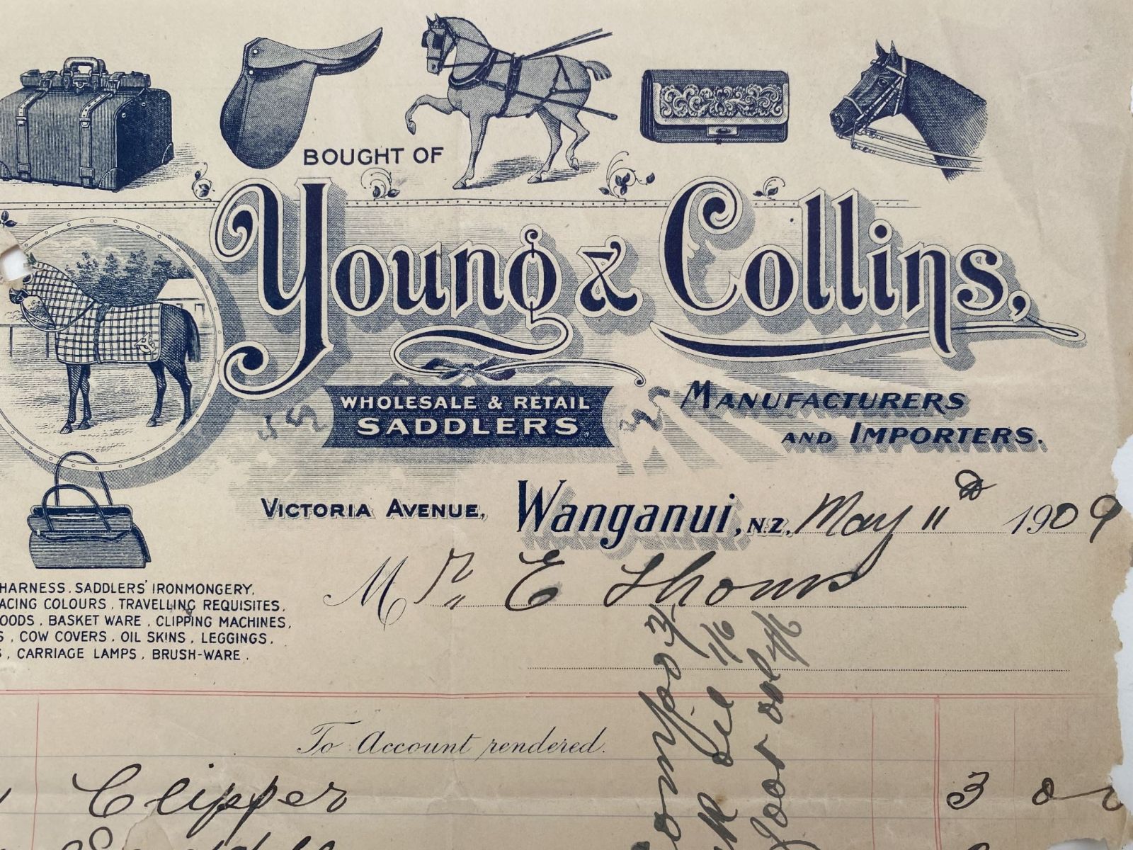 OLD INVOICE: Young & Collins - Saddlers, Wanganui 1909 (113 yo)