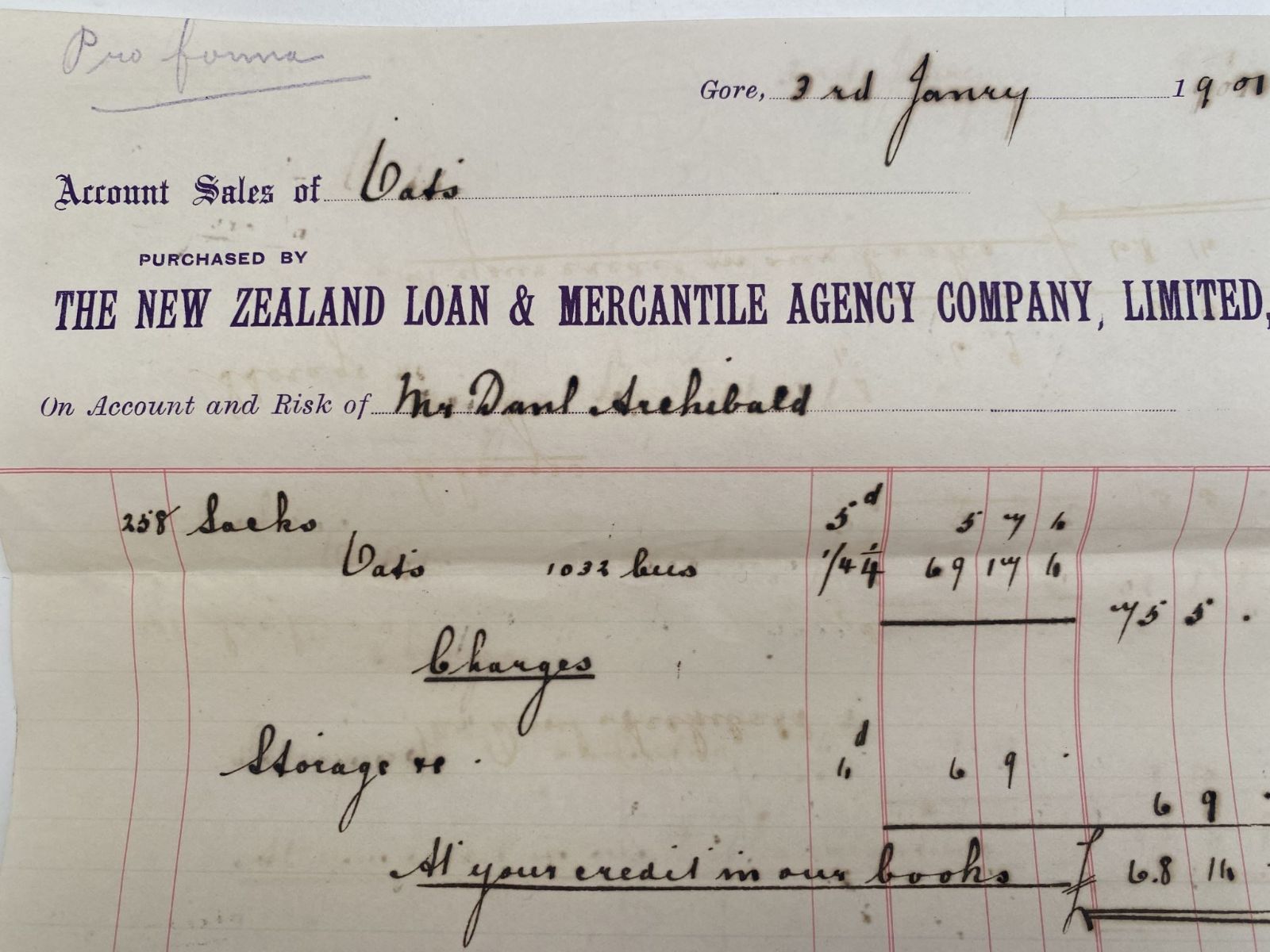 OLD INVOICE: New Zealand Loan & Mercantile Agency Co. Gore 1907 (115 yo)