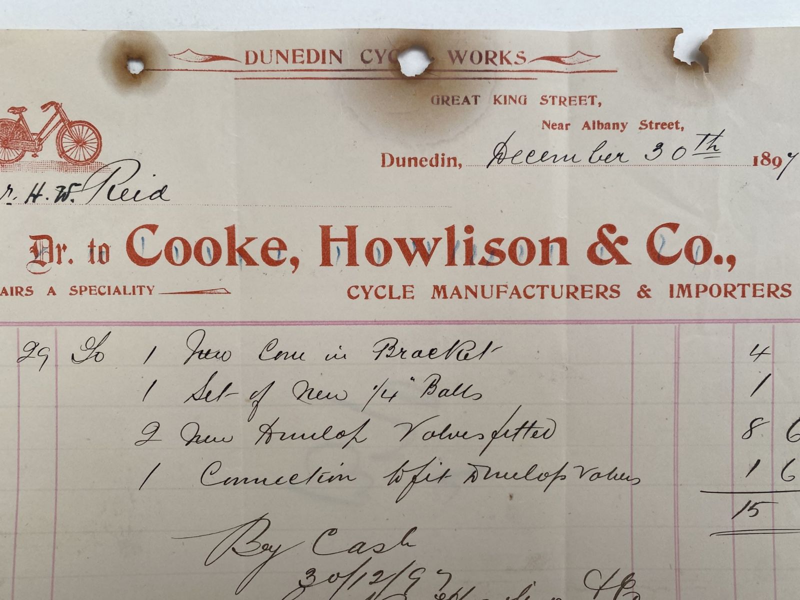 OLD INVOICE: Cooke, Howlinson & Co. - Cycle Manufacturers, Dunedin 1897 (125 yo)