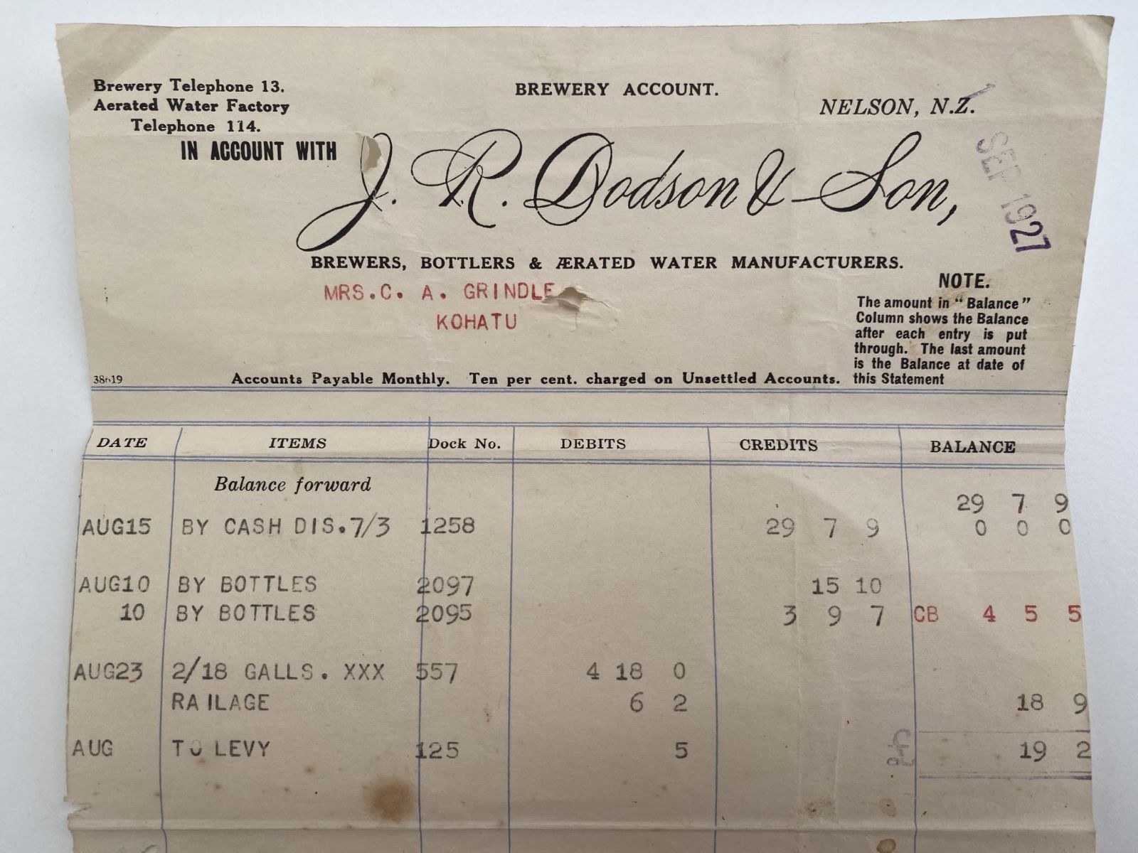 OLD INVOICE / RECEIPT: from J. R Dodson & Son - Brewers & Bottlers, Nelson 1927