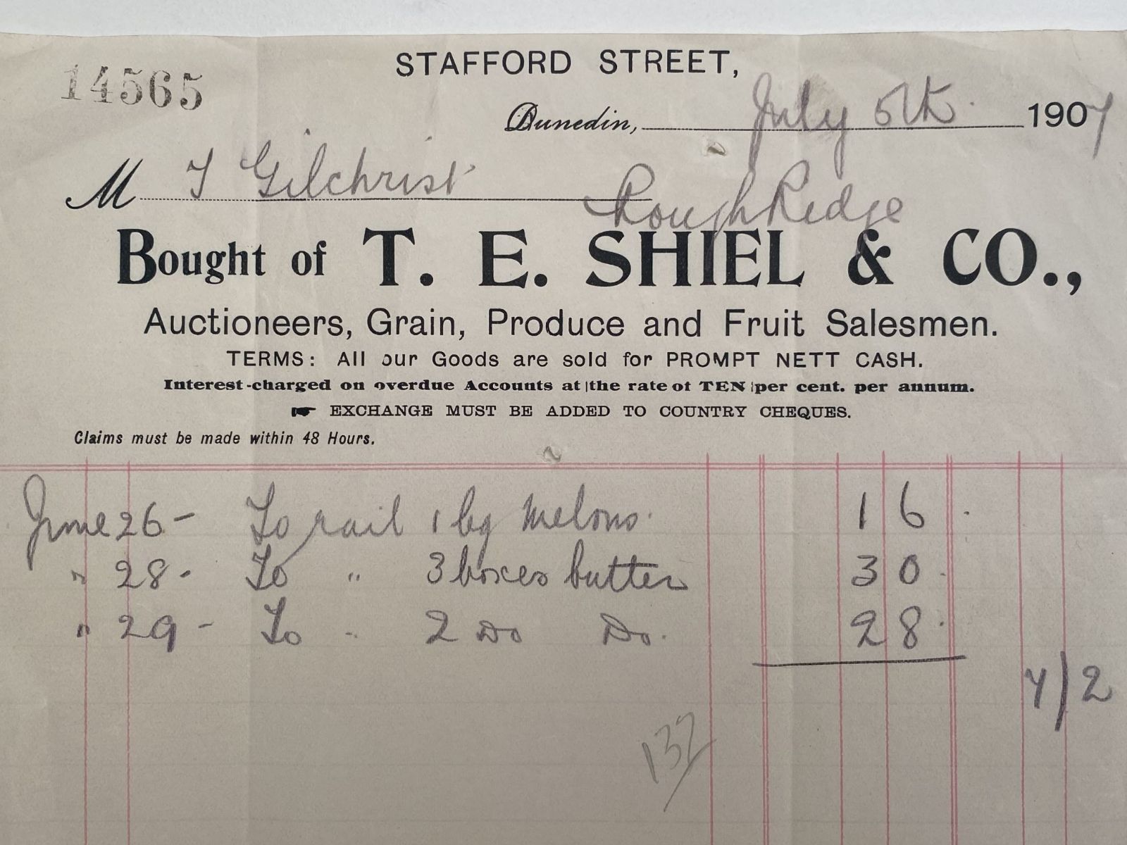 OLD INVOICE: T. E. Shiel & Co. Dunedin - Grain, Produce, Fruit 1907 (115 yo)