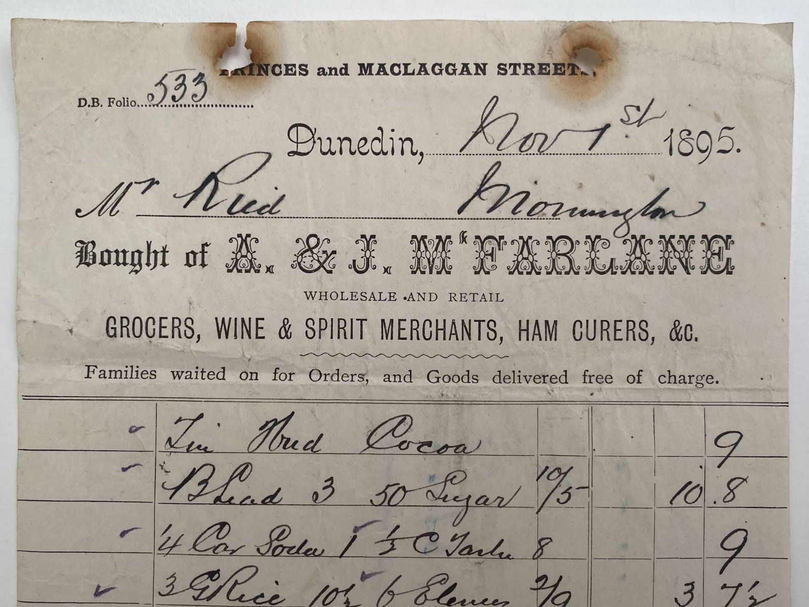 OLD INVOICE: A & J McFarlane, Dunedin - Grocers Wine & Spirits 1895 (127 yo)