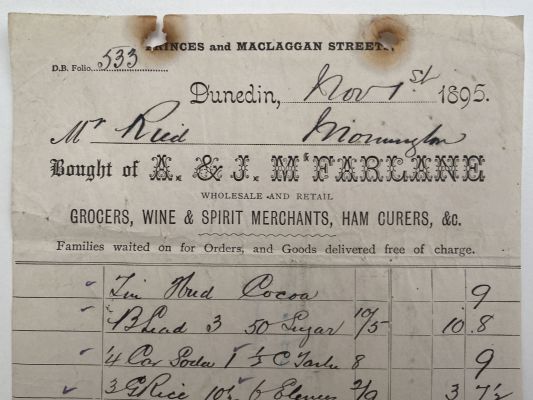 OLD INVOICE: A & J McFarlane, Dunedin - Grocers Wine & Spirits 1895 (127 yo) 