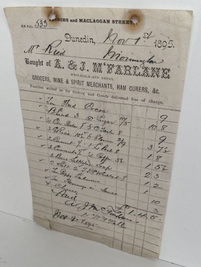 OLD INVOICE: A & J McFarlane, Dunedin - Grocers Wine & Spirits 1895 (127 yo)