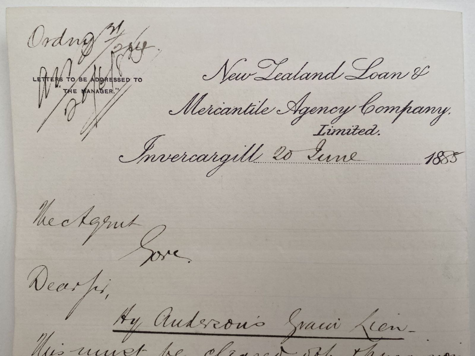OLD LETTER: New Zealand Loan & Mercantile Agency Co. Invercargill 1885 (137 yo)