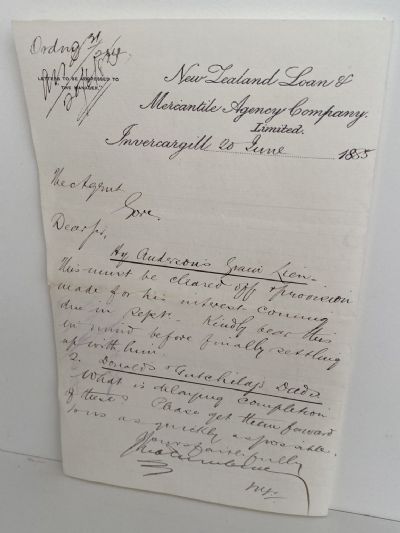 OLD LETTER: New Zealand Loan & Mercantile Agency Co. Invercargill 1885 (137 yo)