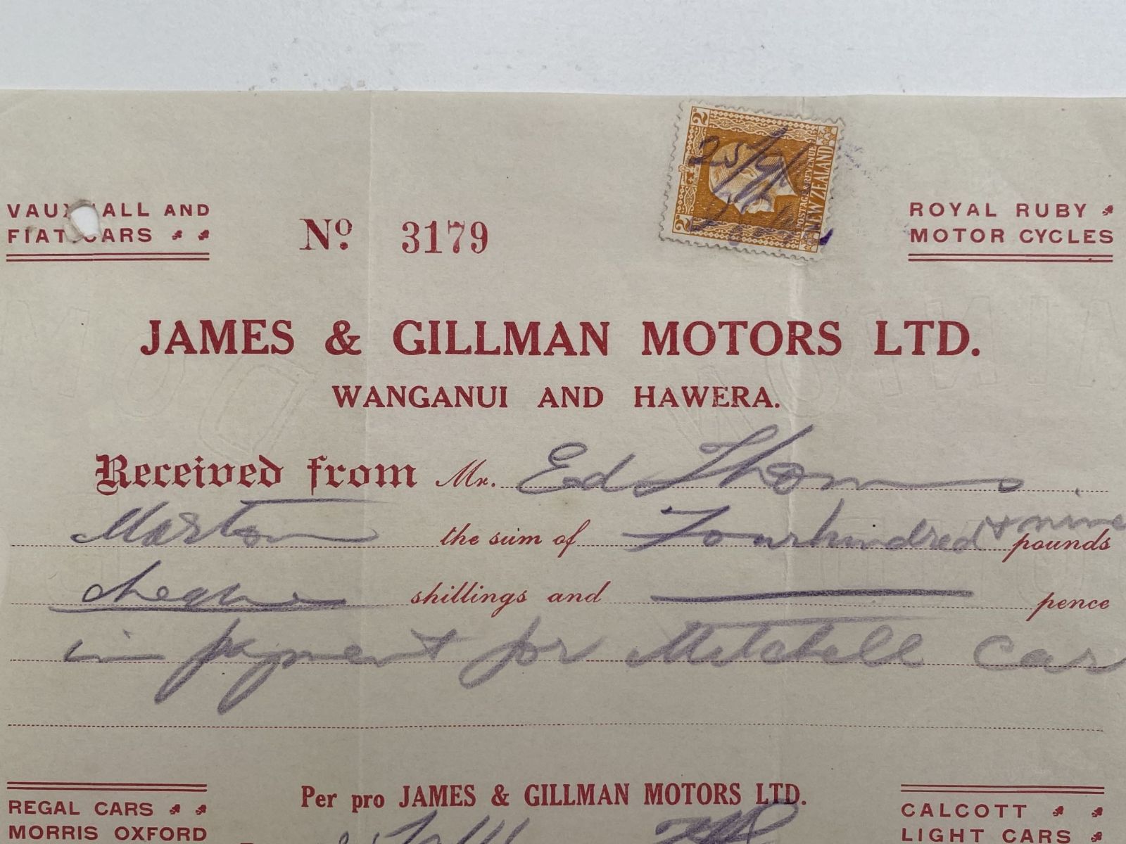 OLD INVOICE: James & Gillman Motors, Wanganui & Hawera 1916 (106 yo)