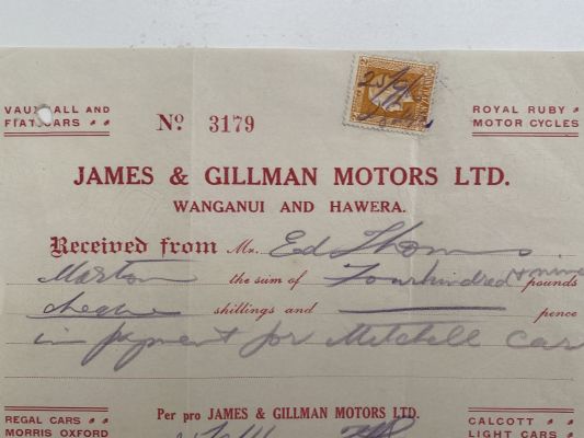 OLD INVOICE: James & Gillman Motors, Wanganui & Hawera 1916 (106 yo) 