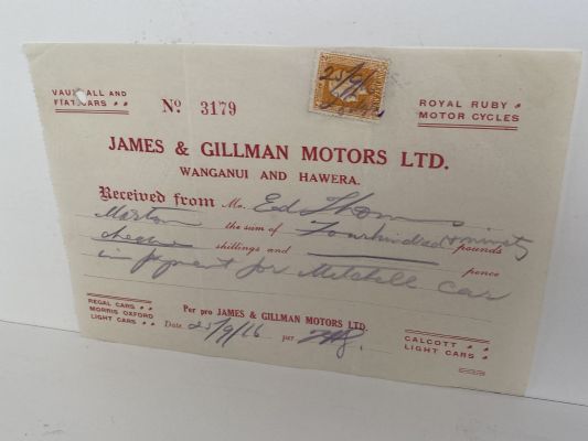 OLD INVOICE: James & Gillman Motors, Wanganui & Hawera 1916 (106 yo)