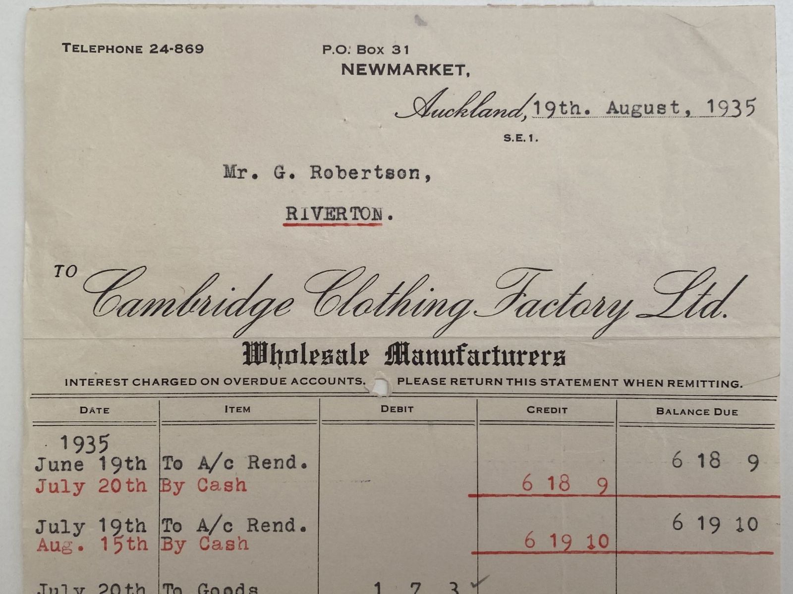 OLD INVOICE/RECEIPT: Cambridge Clothing Factory Ltd, Auckland 1935