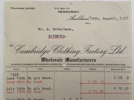 OLD INVOICE/RECEIPT: Cambridge Clothing Factory Ltd, Auckland 1935 