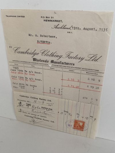 OLD INVOICE/RECEIPT: Cambridge Clothing Factory Ltd, Auckland 1935