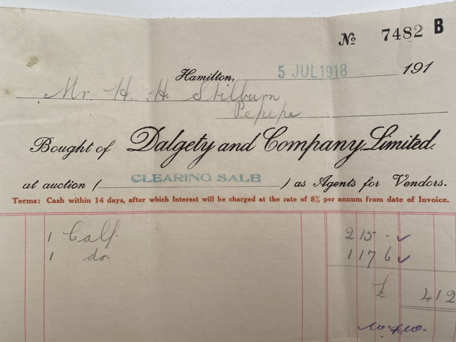 OLD INVOICE: Dalgety and Company Ltd - Stock Agents, Hamilton 1918 (104 yo)