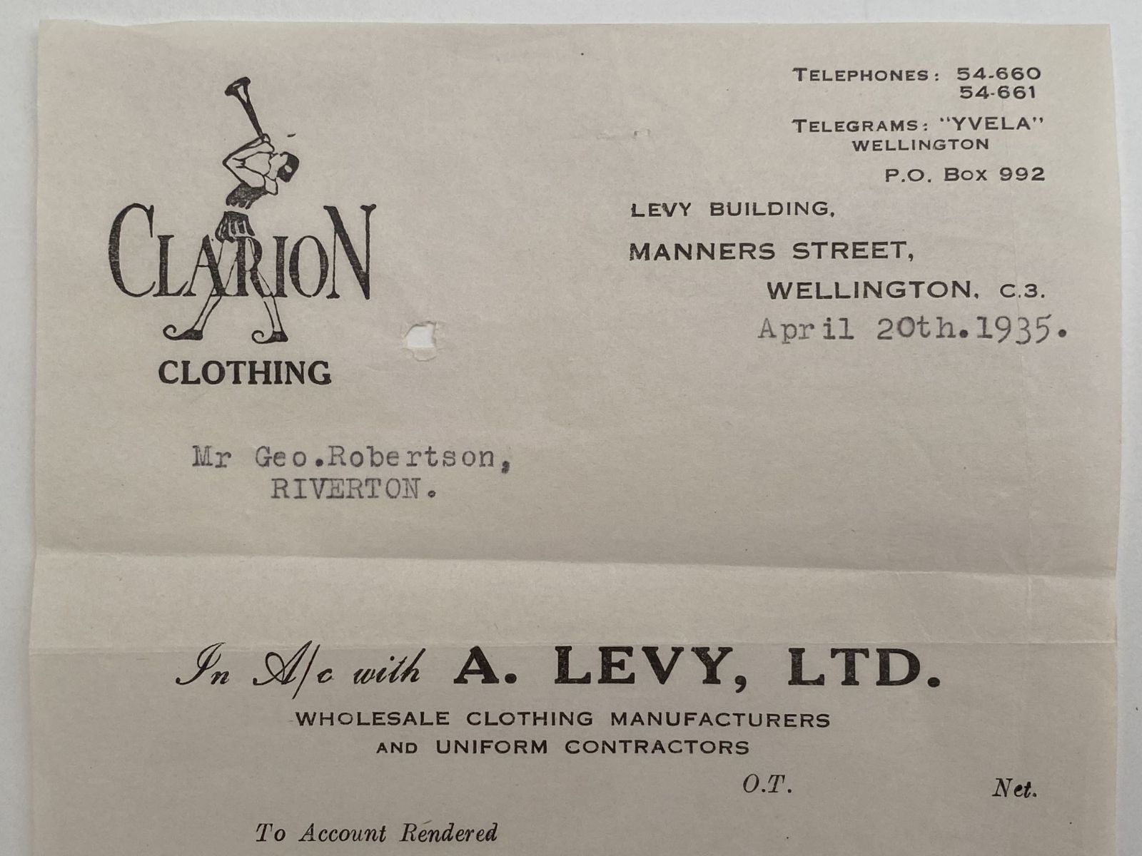 OLD INVOICE / RECEIPT: A. Levy Ltd - Clothing Manufacturers, Wellington 1935