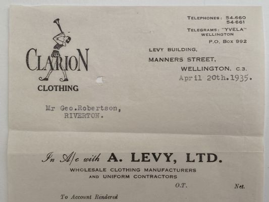 OLD INVOICE / RECEIPT: A. Levy Ltd - Clothing Manufacturers, Wellington 1935 