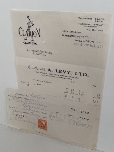 OLD INVOICE / RECEIPT: A. Levy Ltd - Clothing Manufacturers, Wellington 1935