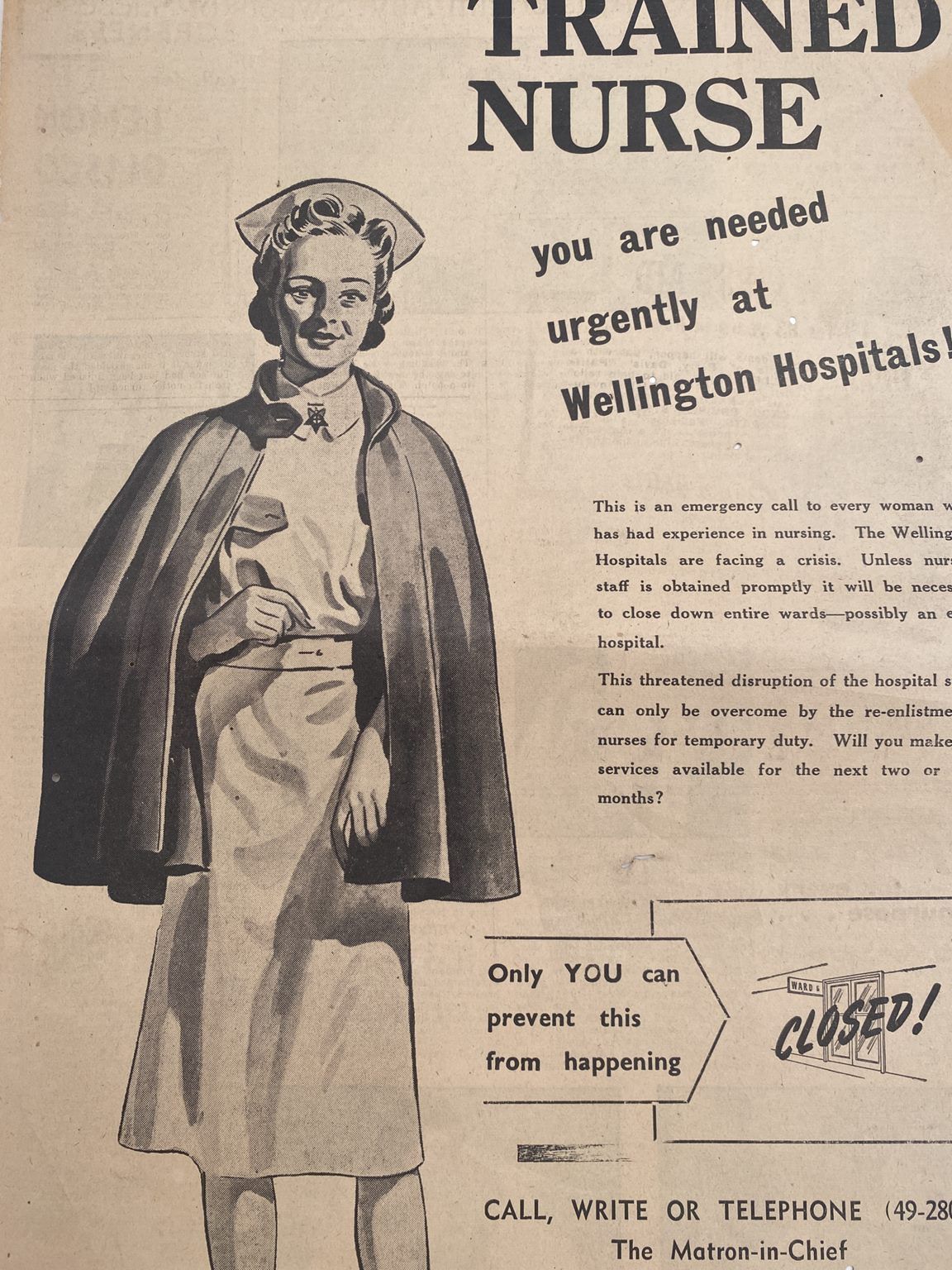 VINTAGE POSTER: Trained Nurses required Wellington Hospital 1946