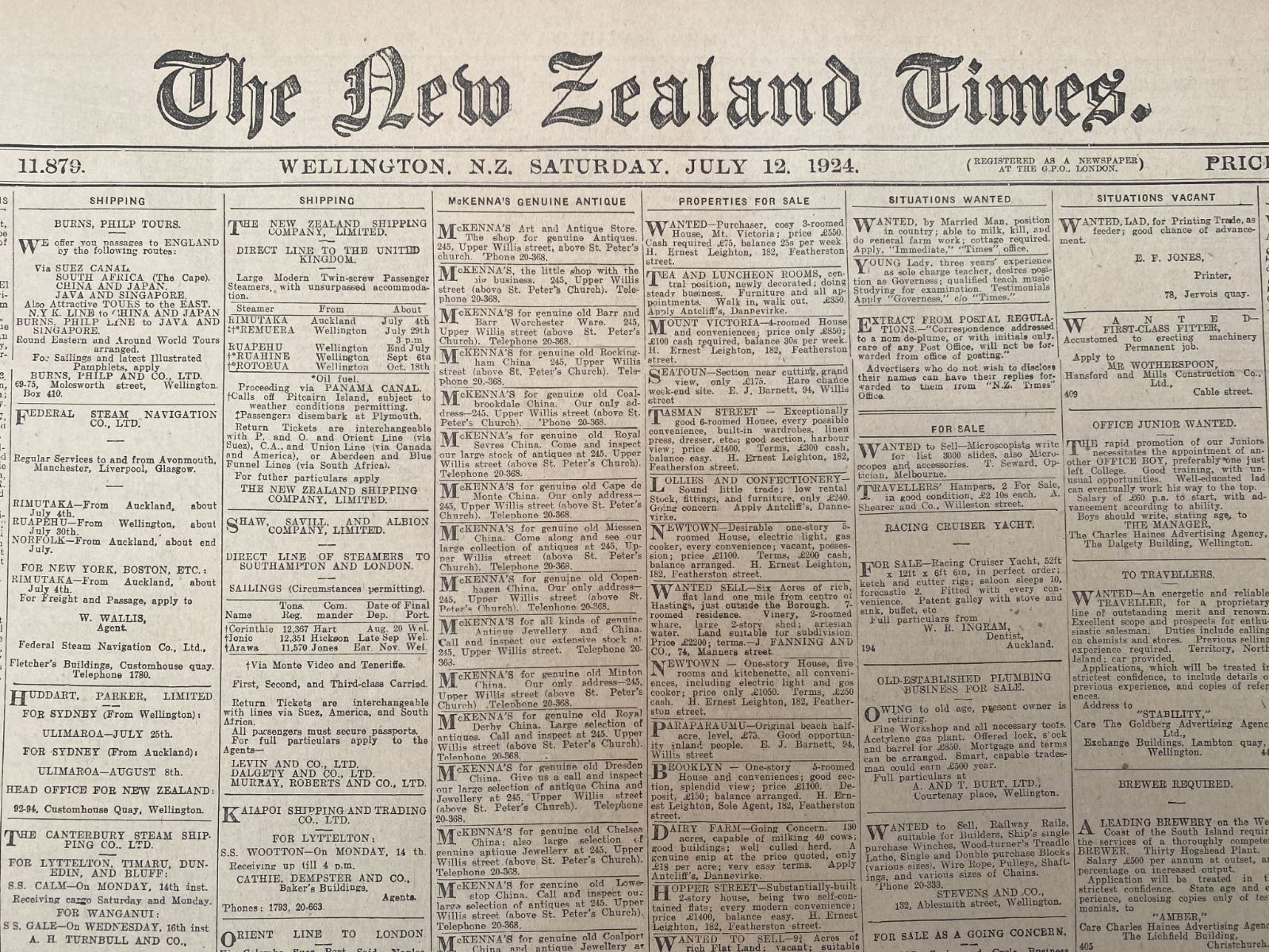 OLD NEWSPAPER: The New Zealand Times, Saturday 12 July 1924