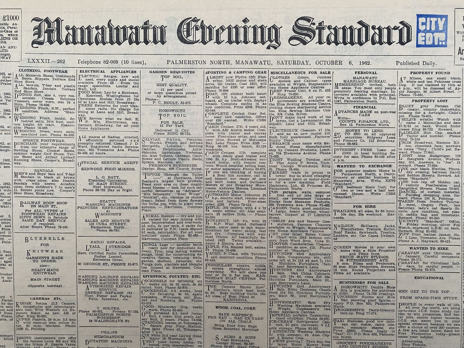 OLD NEWSPAPER: Manawatu Evening Standard - Saturday 6 October 1962