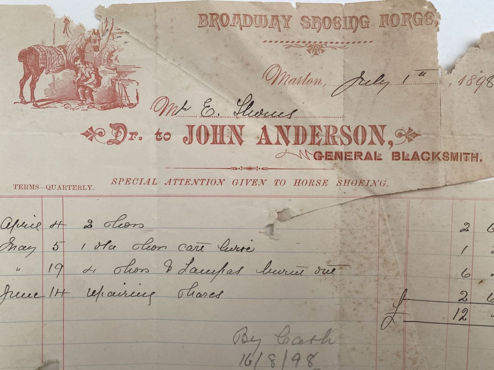 ANTIQUE INVOICE: John Anderson - General Blacksmith, Marton 1898 (124 yo)