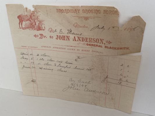 ANTIQUE INVOICE: John Anderson - General Blacksmith, Marton 1898 (124 yo)