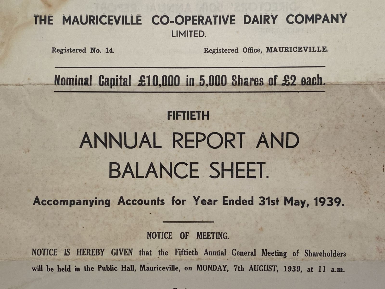 THE MAURICEVILLE CO-OP DAIRY COMPANY Ltd, Mauriceville - Annual Report 1939