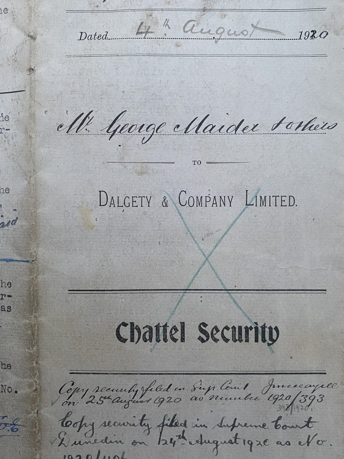 OLD DOCUMENT: Chattel Security Deed - Dalgety & Company, Dunedin 1920