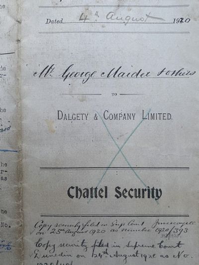 OLD DOCUMENT: Chattel Security Deed - Dalgety & Company, Dunedin 1920 