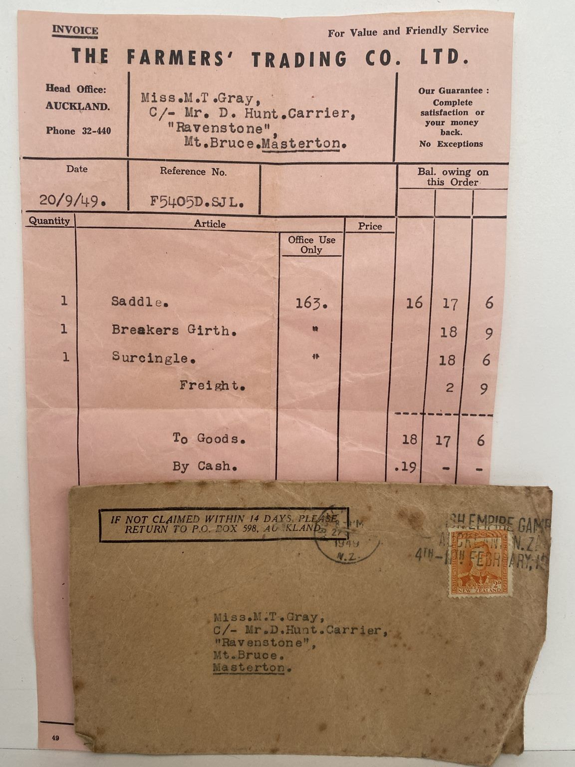 OLD INVOICE: The Farmer's Trading co. Ltd, Auckland 1949