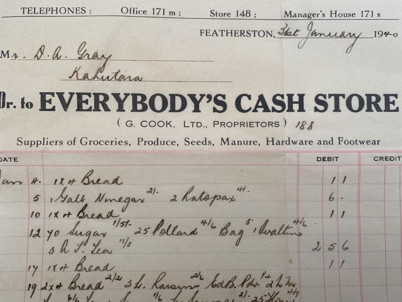OLD INVOICE: Everybody's Cash Store, Featherson - Grocers, Produce, Seeds 1940