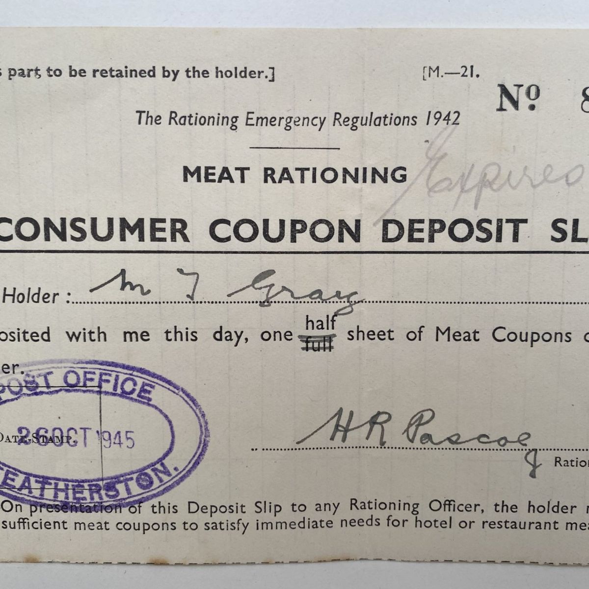 OLD RECEIPT: Meat Rationing Consumer Deposit Slip 1946