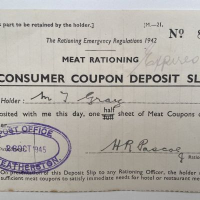 OLD RECEIPT: Meat Rationing Consumer Deposit Slip 1946 