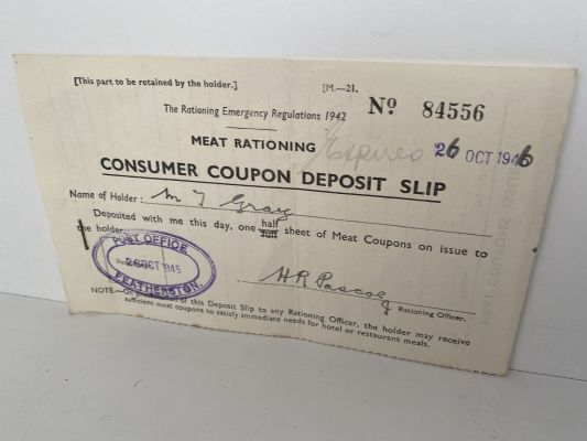 OLD RECEIPT: Meat Rationing Consumer Deposit Slip 1946