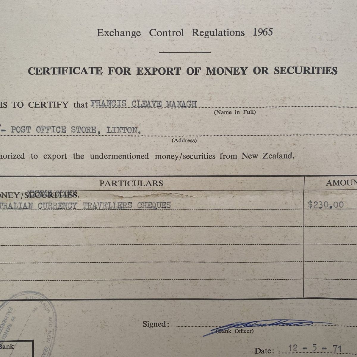 Certificate for Export of Money or Securities 1971