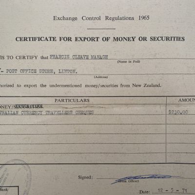 Certificate for Export of Money or Securities 1971 