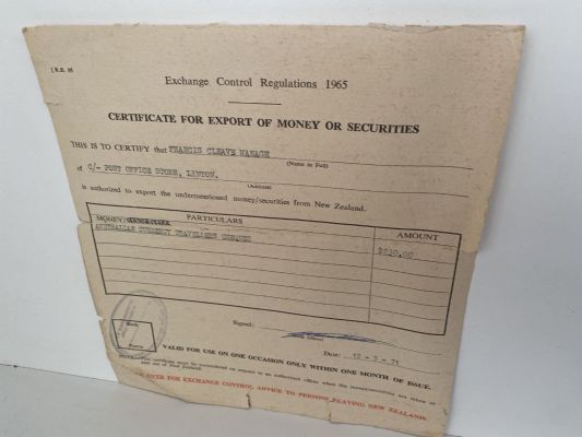 Certificate for Export of Money or Securities 1971