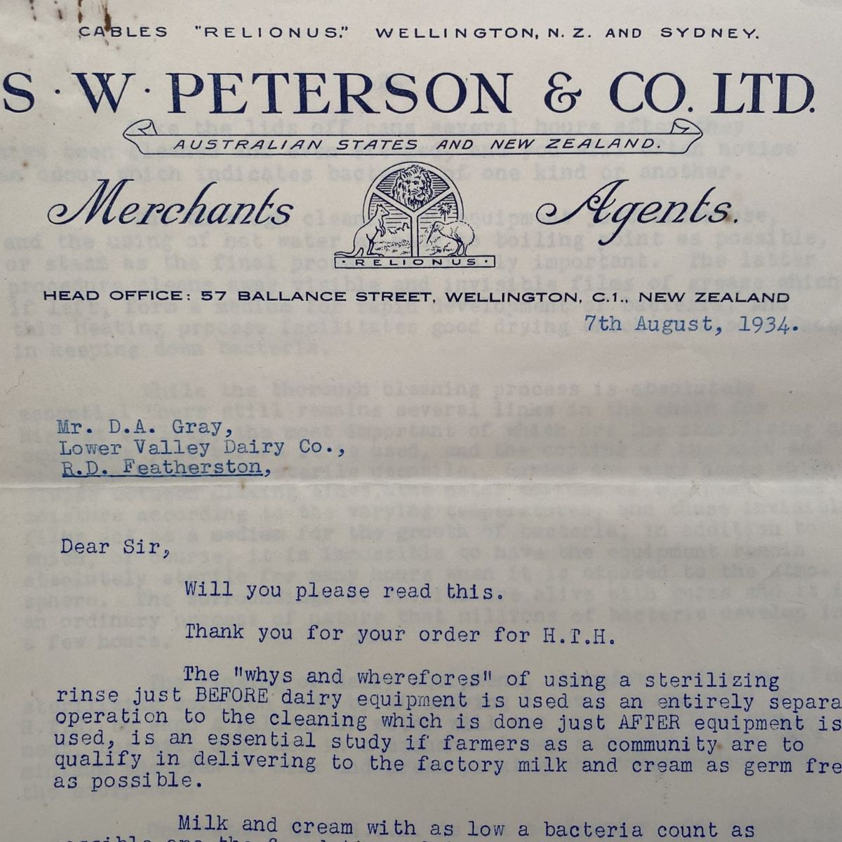 OLD LETTERHEAD: S. W. Peterson & Co. - Merchant Agents, Wellington 1934