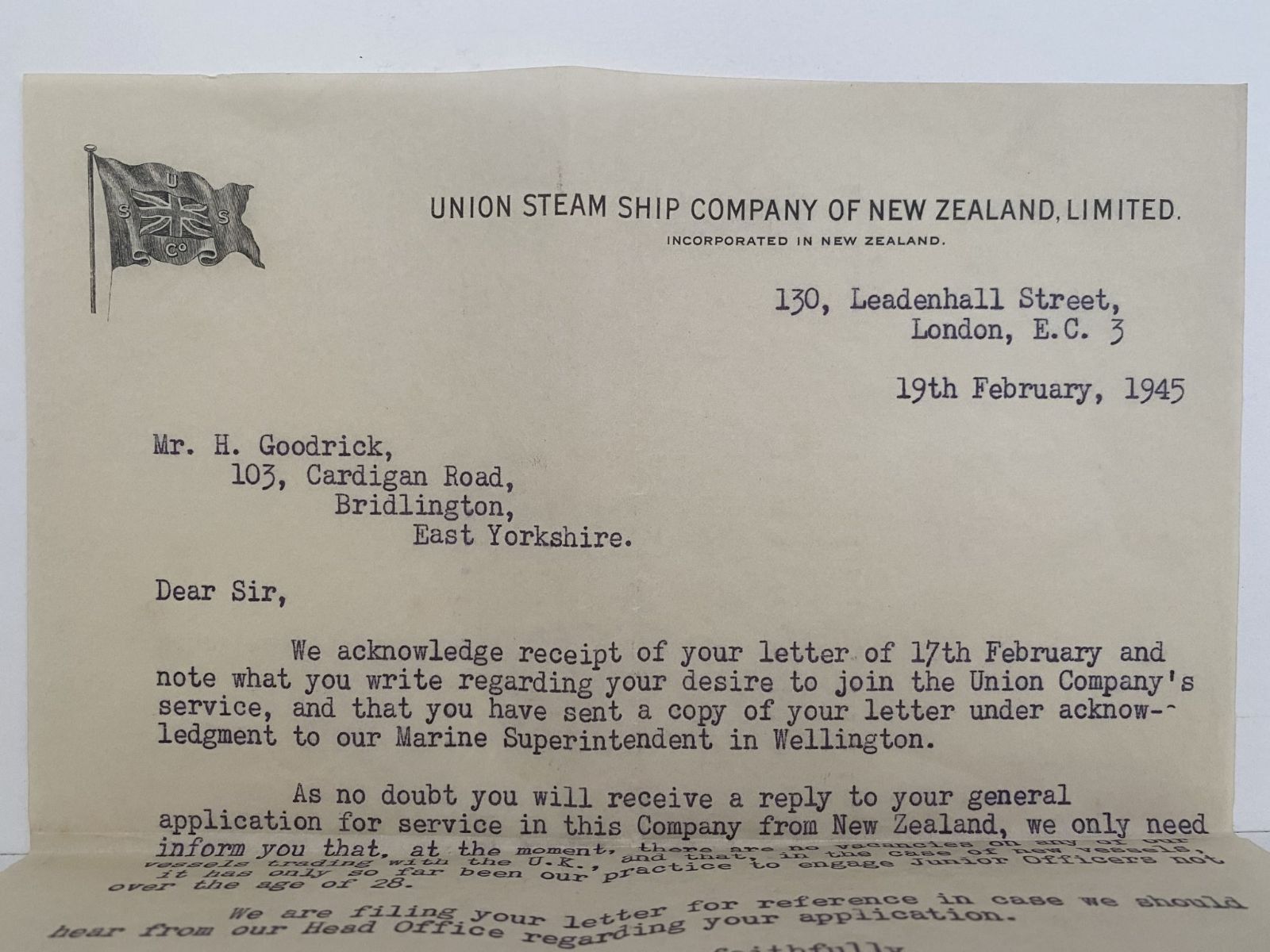 OLD LETTERHEAD: Union Steamship Company of New Zealand, London 1945
