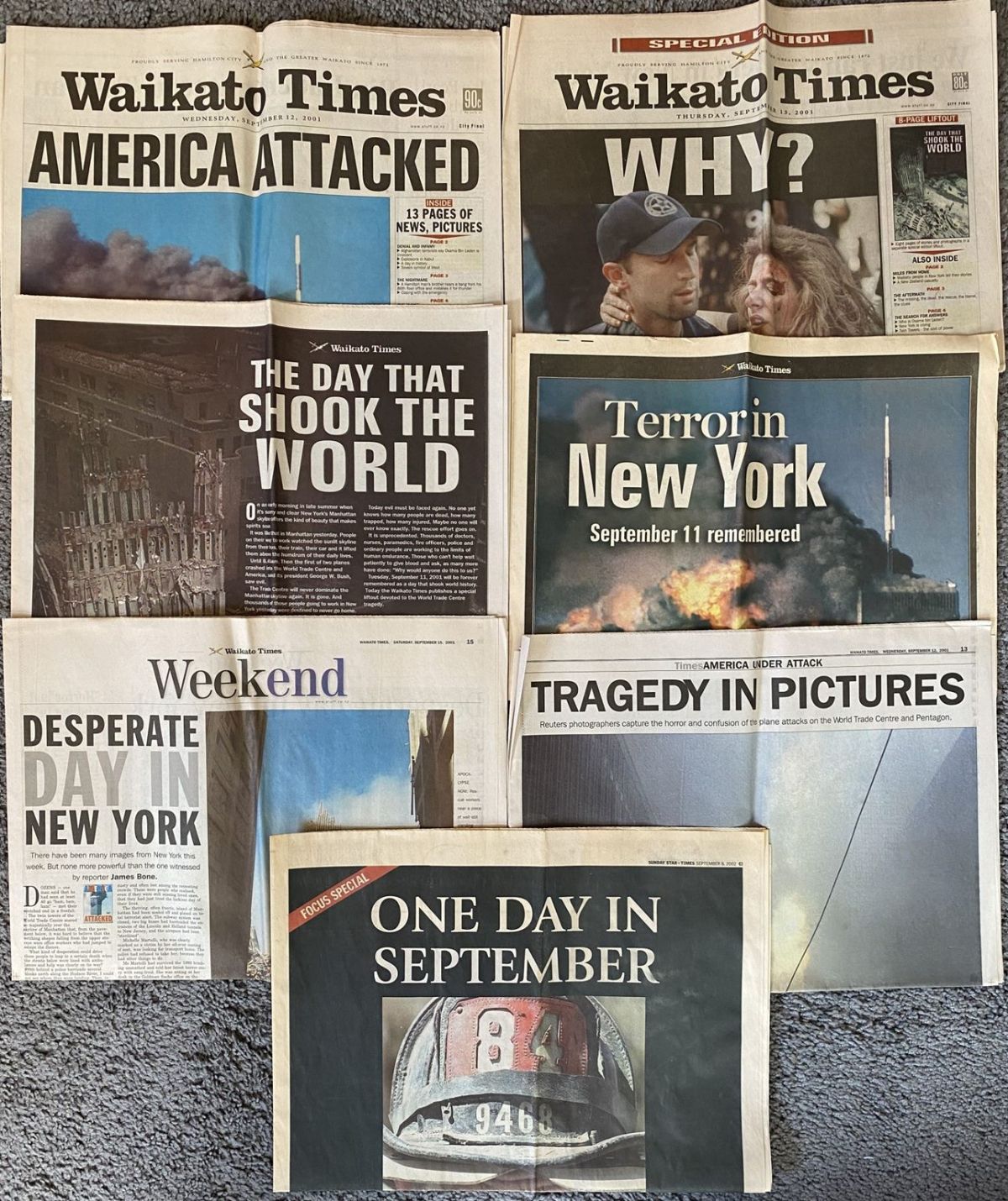 OLD NEWSPAPERS COLLECTION: 5 paper extracts from 9/11 Terror Attacks 2001