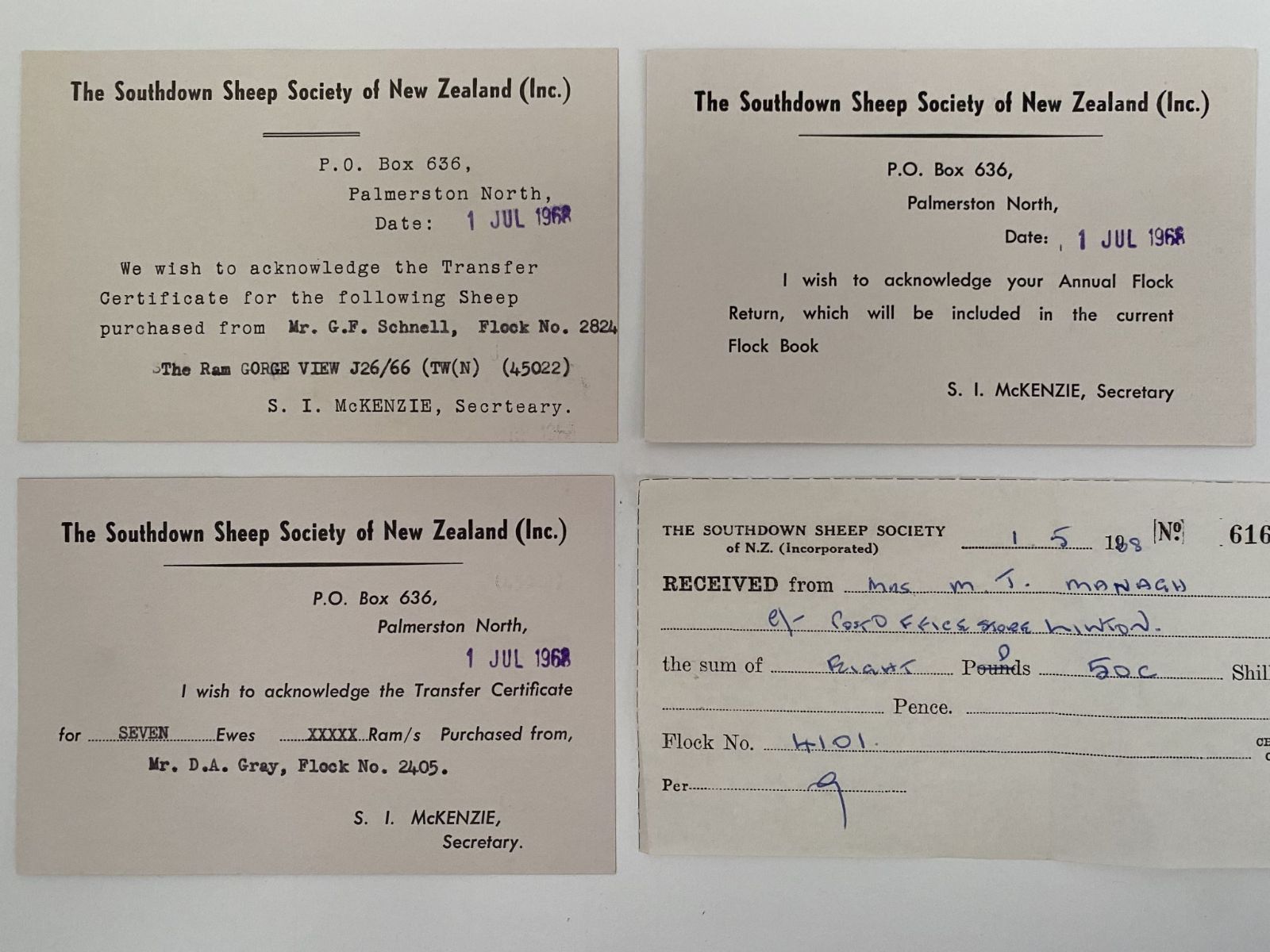 OLD RECEIPTS: The Southdown Sheep Society of New Zealand 1968