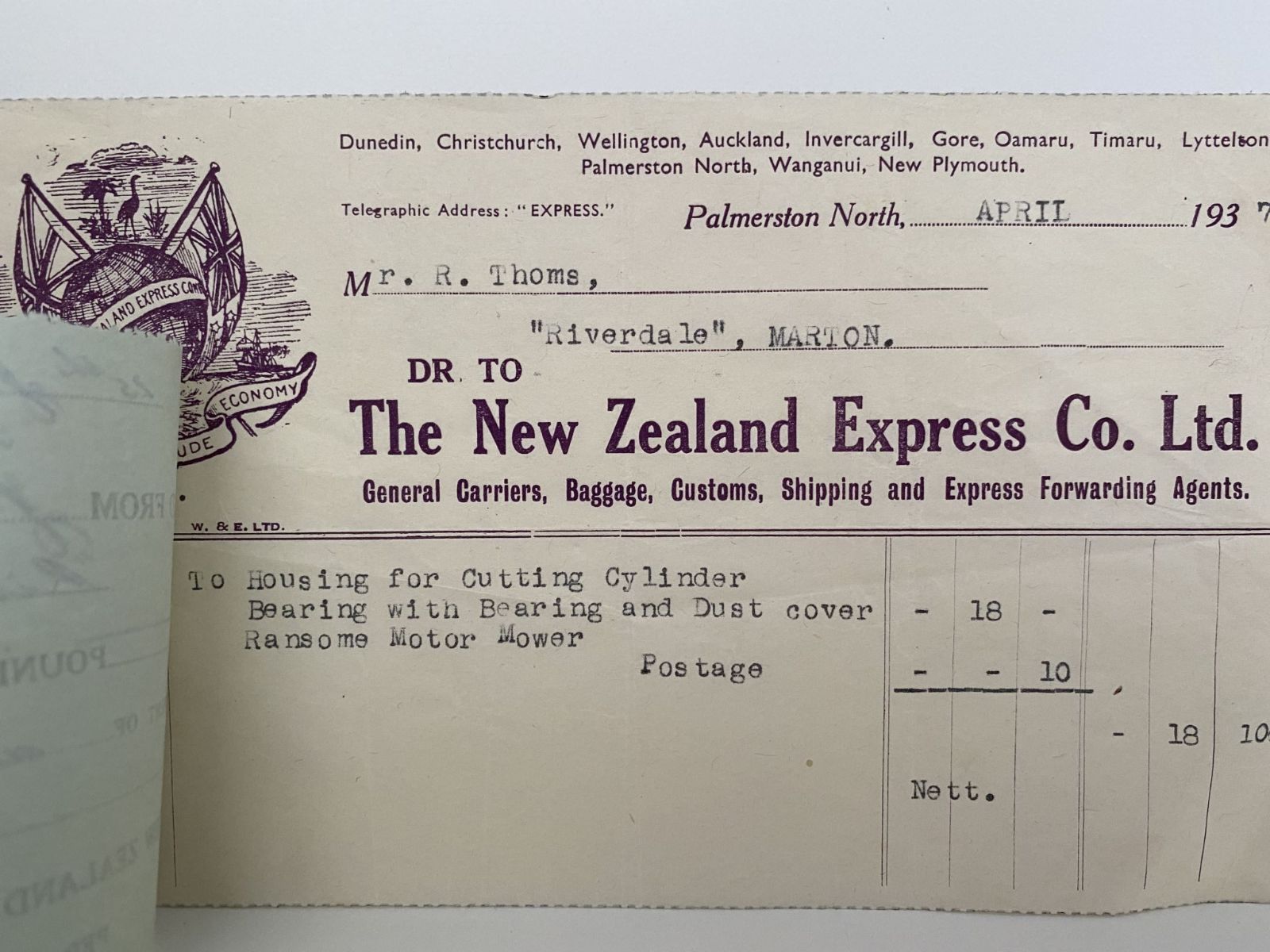 OLD INVOICE / RECEIPT: The New Zealand Express Co. Palmerston Nth 1937